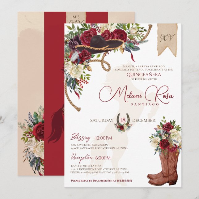Elegant Burgundy Floral Winter Charro Quinceanera Einladung (Vorne/Hinten)