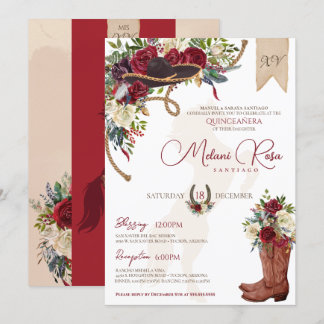 Elegant Burgundy Floral Winter Charro Quinceanera Einladung