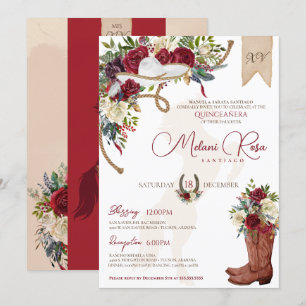 Elegant Burgundy Floral Winter Charro Quinceanera Einladung