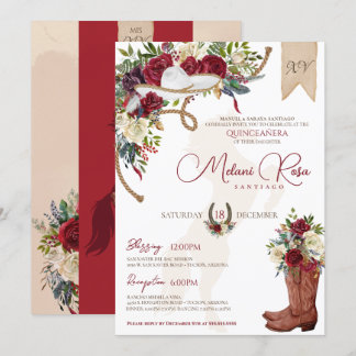 Elegant Burgundy Floral Winter Charro Quinceanera Einladung