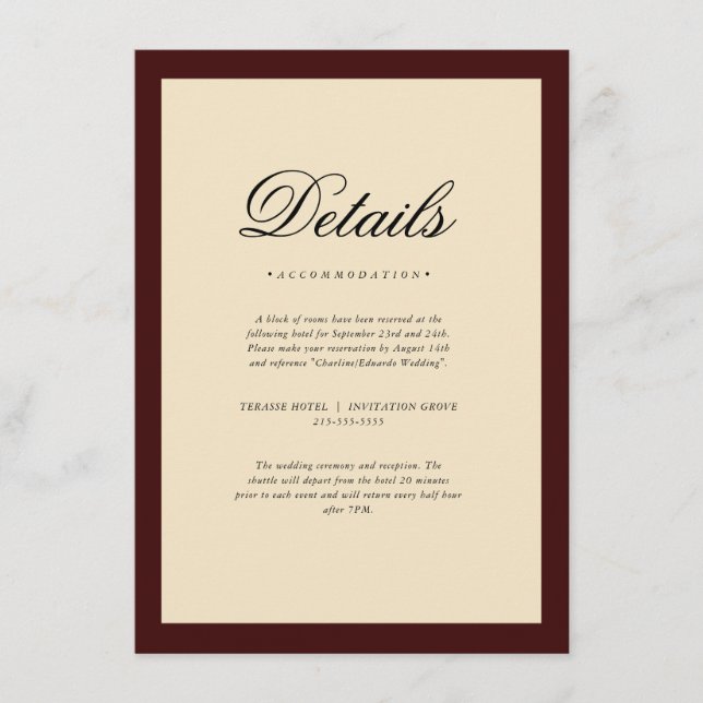 Elegant Burgundy Frame Wedding Details Begleitkarte (Vorderseite)