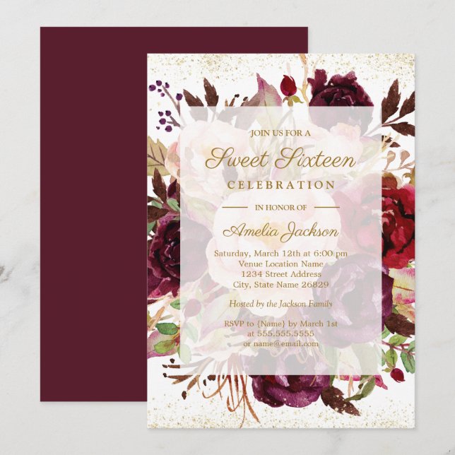 Elegant Burgundy Gold 16 . Geburtstag Einladung (Vorne/Hinten)