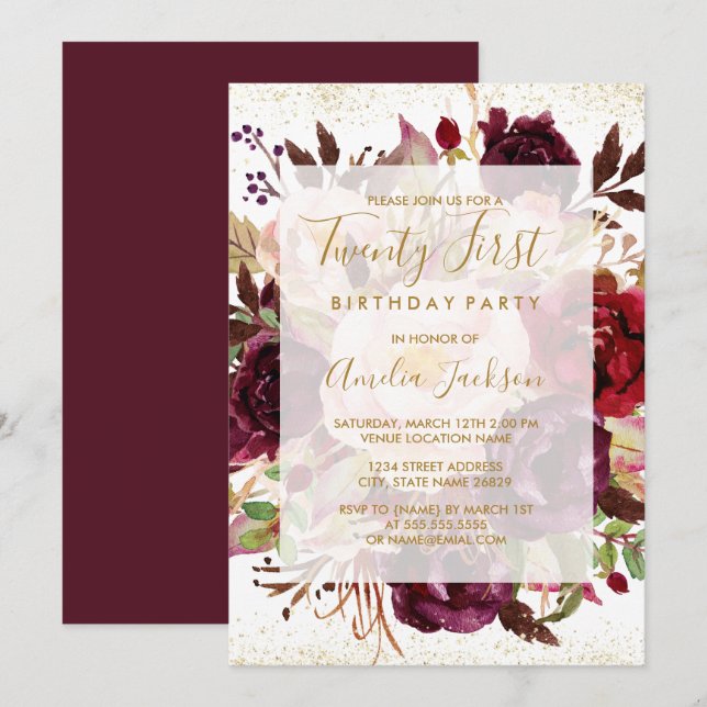 Elegant Burgundy Gold 21. Geburtstag Einladung (Vorne/Hinten)