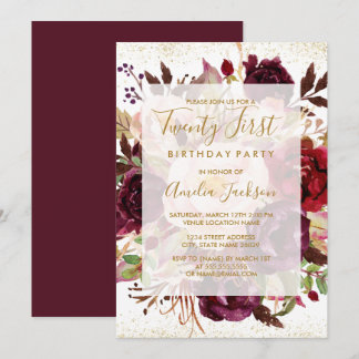 Elegant Burgundy Gold 21. Geburtstag Einladung