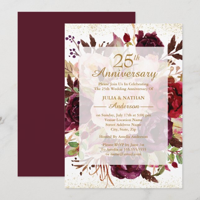 Elegant Burgundy Gold 25. Hochzeitstag Einladung (Vorne/Hinten)