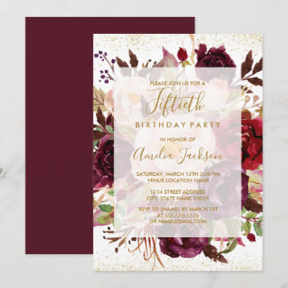 Elegant Burgundy Gold 50. Geburtstag Einladung