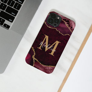 Elegant Burgundy Gold Agate Geode Monogram iPhone 14 Hülle