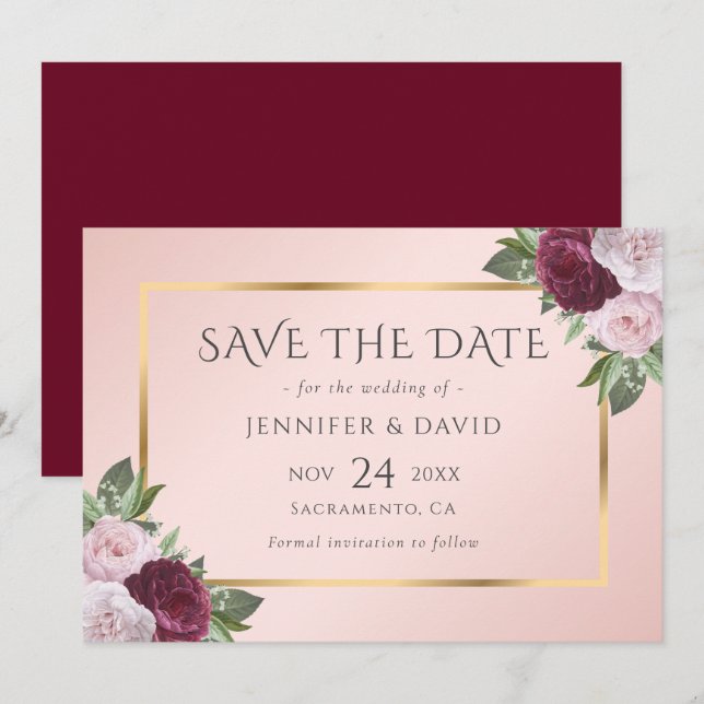 Elegant Burgundy Gold Blush Pink Floral Save The Date (Vorne/Hinten)