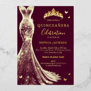 Elegant Burgundy Gold Butterfly Quinceanera Folieneinladung