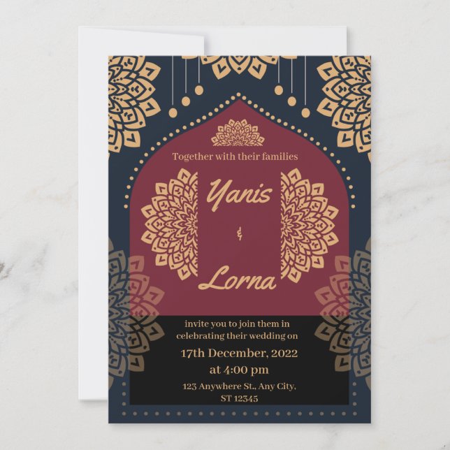 ELEGANT Burgundy GOLD CLASSIC MANDALA WEDD INV Einladung (Vorderseite)
