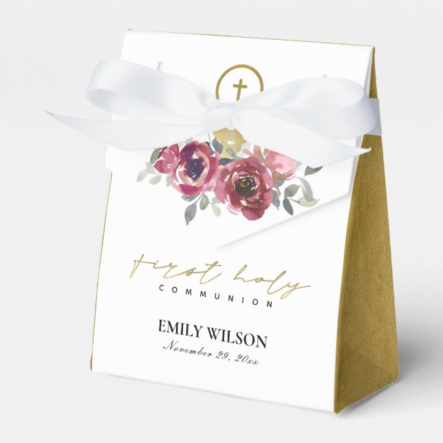 ELEGANT BURGUNDY GOLD FLORAL ERSTE HOLZGEMEINSCHAF GESCHENKSCHACHTEL (Vorderseite)