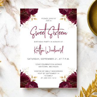 Elegant Burgundy Gold Floral Sweet 16 Party Einladung