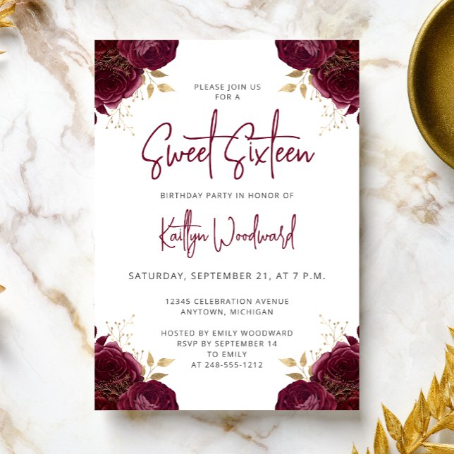 Elegant Burgundy Gold Floral Sweet 16 Party Einladung (Von Creator hochgeladen)