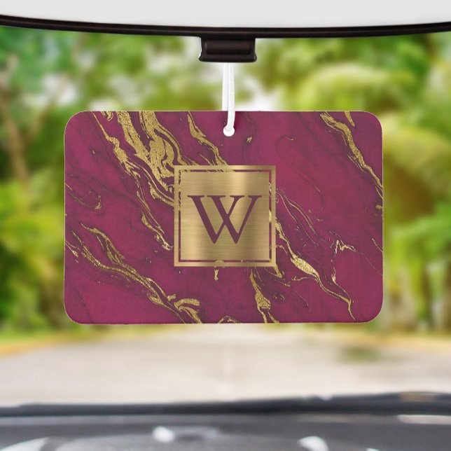 Elegant Burgundy Gold Marble Monogram Autolufterfrischer (Von Creator hochgeladen)