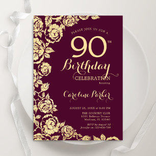 Elegant Burgundy Gold Rose 90. Geburtstag Einladung