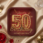 Elegant Burgundy Gold Ruby Gem 50th Birthday Party Pappteller<br><div class="desc">Celebrate a milestone fiftieth in luxurious style with this elegant burgundy and gold 50th birthday party paper plate. Featuring stunning 3D gold typography encrusted with ruby red gems, this design is surrounded by festive gold ribbons and glowing confetti over a rich, dark red background. Perfect for a glamorous women's 50th...</div>