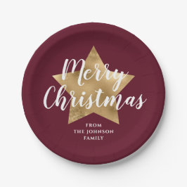 Elegant Burgundy Gold Star Frohe Weihnachten Pappteller