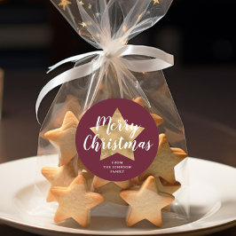 Elegant Burgundy Gold Star Frohe Weihnachten Runder Aufkleber