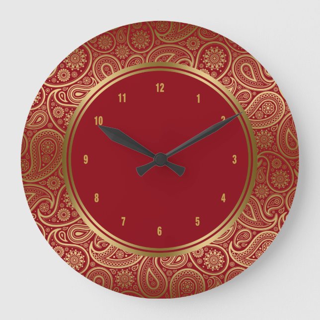Elegant Burgundy & Gold Vintage Paisley Pattern Große Wanduhr (Vorderseite)