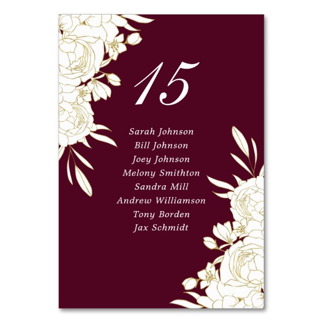 Elegant Burgundy Gold White Roses Names Wedding Tischnummer (Vorderseite)