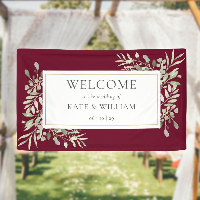 Elegant Burgundy Greenerity Wedding Willkommen Banner (Von Creator hochgeladen)