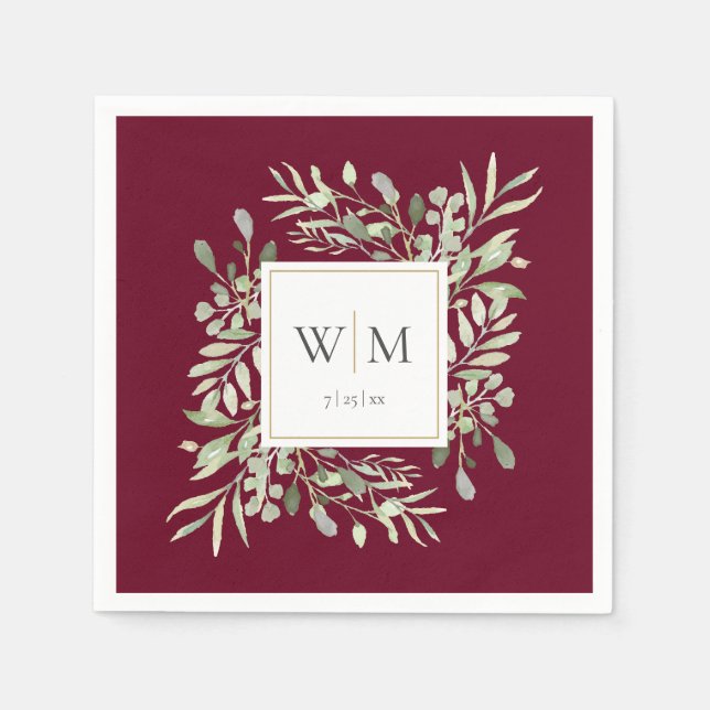 Elegant Burgundy Greenery Gold Monogram Serviette (Vorderseite)