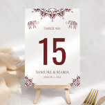 Elegant Burgundy Henna Indian Wedding Tischnummer<br><div class="desc">Elegante Tischnummer mit eleganter Henna-Kunst und wunderschön dekorierten Elefanten vor weißem Hintergrund.</div>