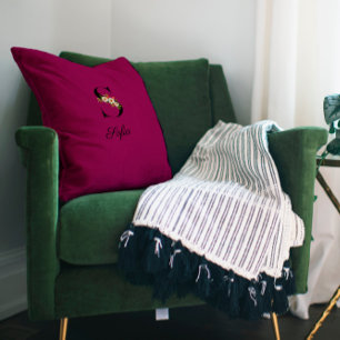 Elegant burgundy hibiscus monogram Throw Pillow Kissen