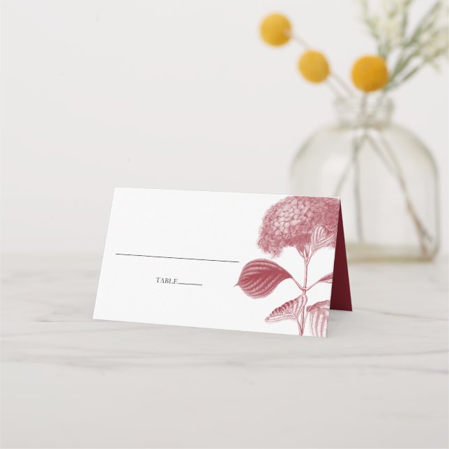 Elegant Burgundy Hydrangea Wedding Platzkarte (Vorderseite)
