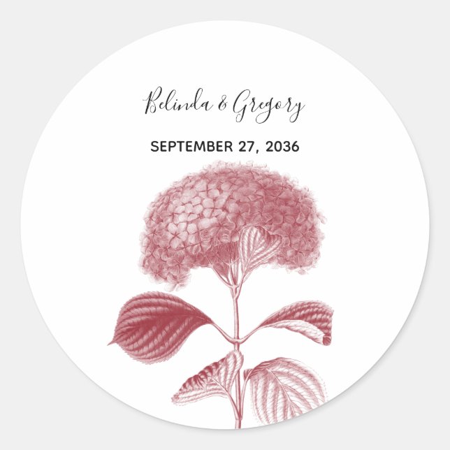 Elegant Burgundy Hydrangea Wedding Runder Aufkleber (Vorderseite)