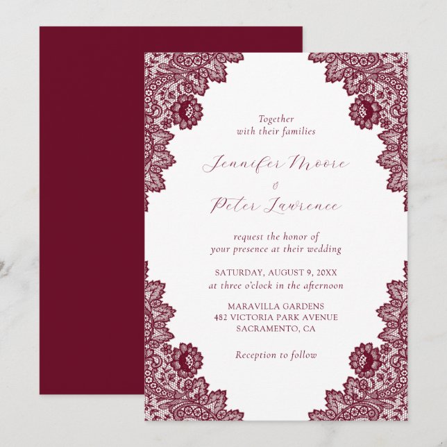 Elegant Burgundy Lace Wedding Einladung (Vorne/Hinten)