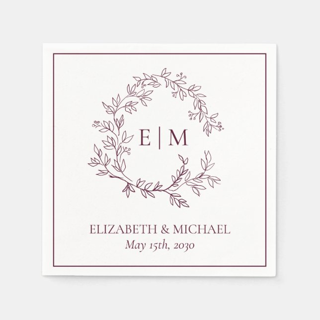 Elegant Burgundy Leafy Wappen Monogram Wedding Serviette (Vorderseite)