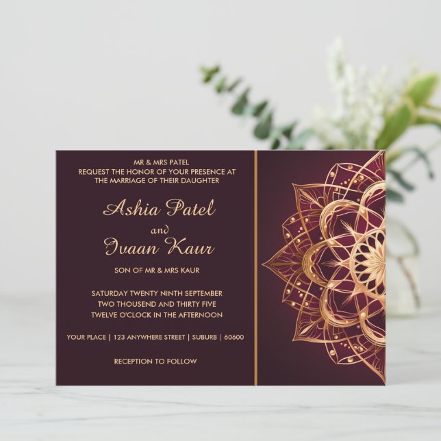 Elegant Burgundy Mandala Wedding Einladung (Stehend Vorderseite)