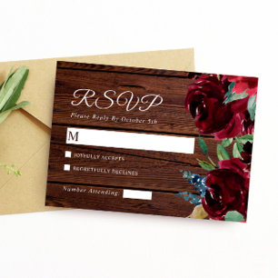 Elegant Burgundy & Marsala Blume Wood Wedding RSVP Karte