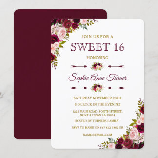 Elegant Burgundy Marsala Floral Sweet 16 Einladung