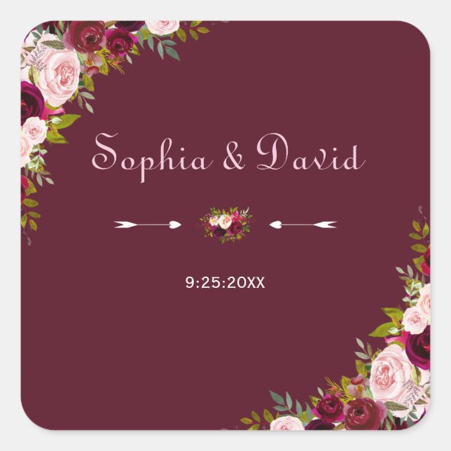 Elegant Burgundy Marsala Floral Wedding Quadratischer Aufkleber (Vorderseite)