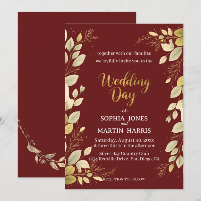 Elegant Burgundy Modern Gold Botanical Wedding Einladung (Vorne/Hinten)
