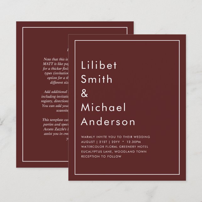 Elegant Burgundy Monochrome Wedding Simple Classic (Vorne/Hinten)