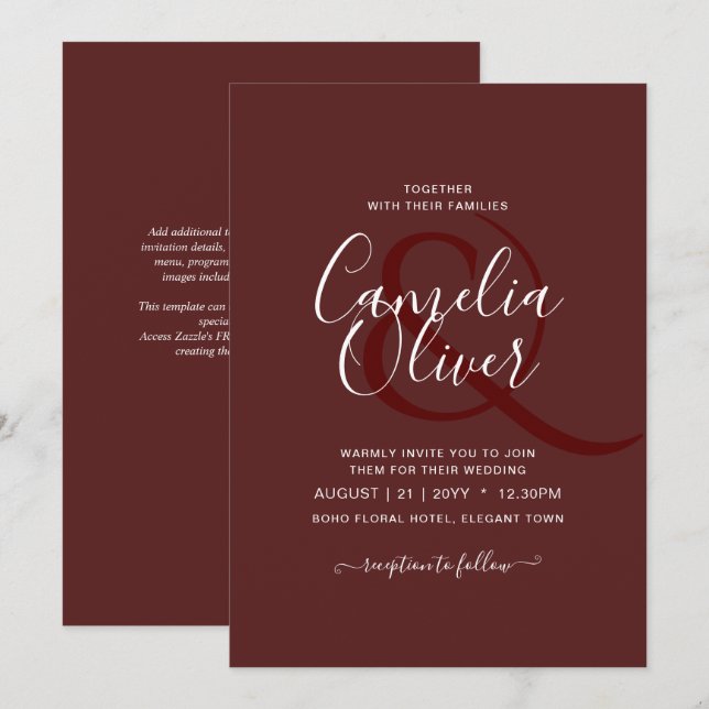 Elegant Burgundy Monochrome Wedding Simple Classic Einladung (Vorne/Hinten)