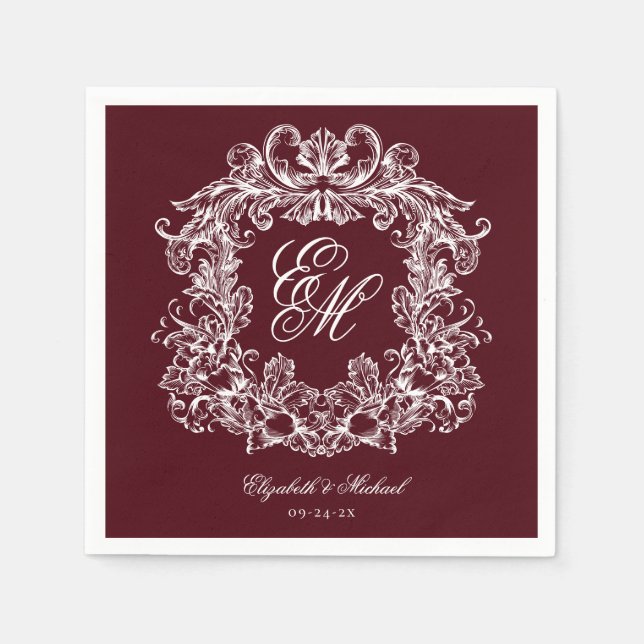 Elegant Burgundy Monogram Crest Script Wedding Serviette (Vorderseite)