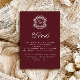 Elegant Burgundy Monogram Crest Wedding Details Begleitkarte