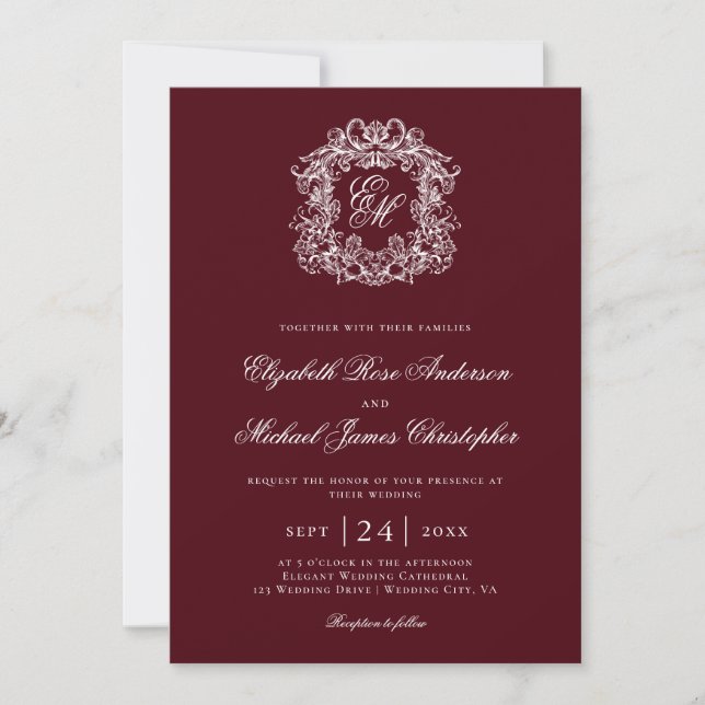 Elegant Burgundy Monogram Wedding Crest Einladung (Vorderseite)