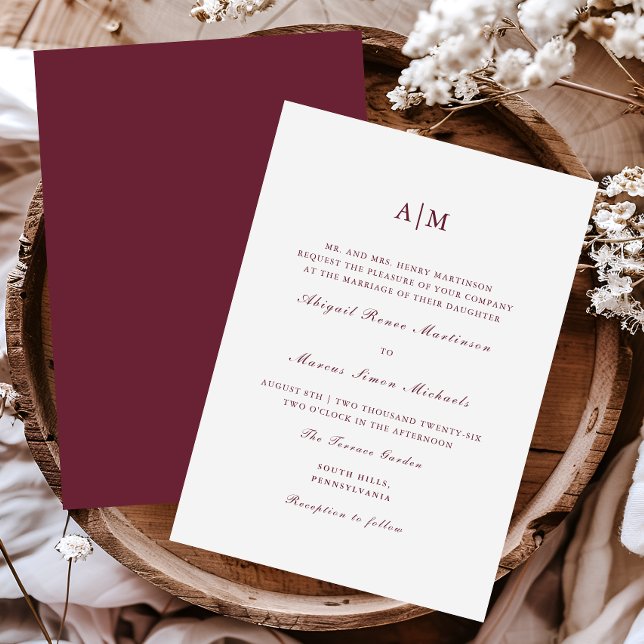 Elegant Burgundy Monogram Wedding Einladung (Von Creator hochgeladen)