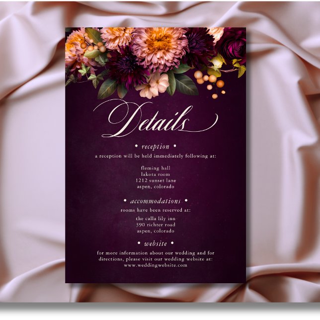 Elegant Burgundy Moody Floral Script Wedding Begleitkarte (Elegant Burgundy Moody Floral Script Wedding Details Enclosure Card)