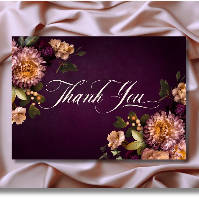 Elegant Burgundy Moody Floral Script Wedding Dankeskarte (Elegant Burgundy Moody Floral Script Wedding Thank You Card)