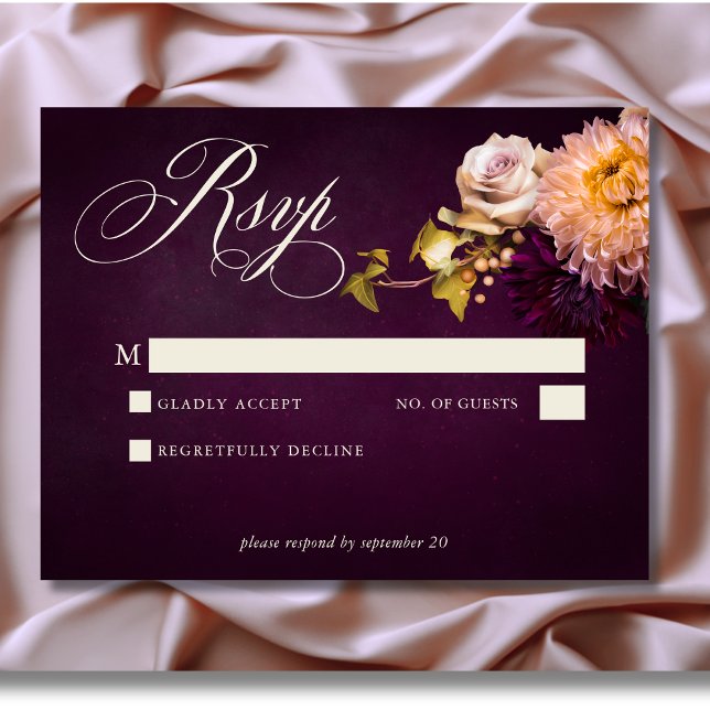 Elegant Burgundy Moody Floral Script Wedding RSVP Karte (Elegant Burgundy Moody Floral Script Wedding Response Card)