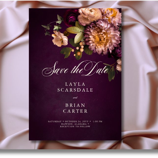 Elegant Burgundy Moody Floral Script Wedding Save The Date (Elegant Burgundy Moody Floral Script Wedding Save the Date)