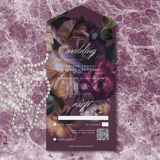 Elegant Burgundy Moody Floral Wedding QR Code All In One Einladung (Von Creator hochgeladen)