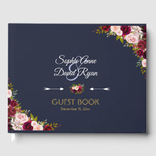 Elegant Burgundy Navy Blue Floral Wedding Gästebuch