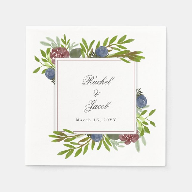 Elegant Burgundy Navy Blue Floral Wedding Serviette (Vorderseite)